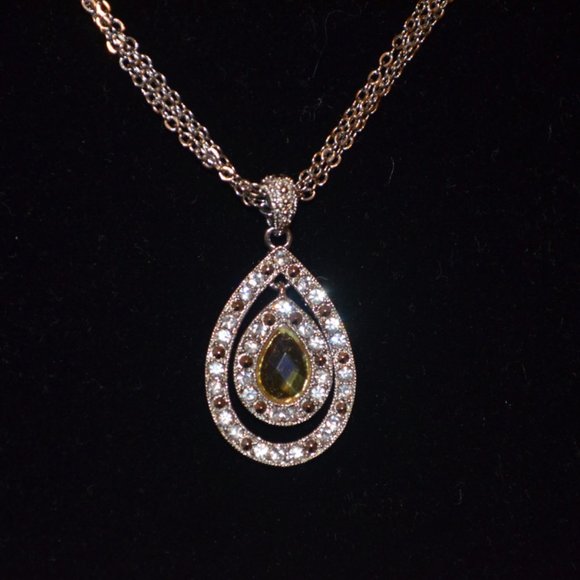 Vintage Necklace Pendant Double Frame Drop Shape Gem Stones Chain Fastener - Picture 2 of 3